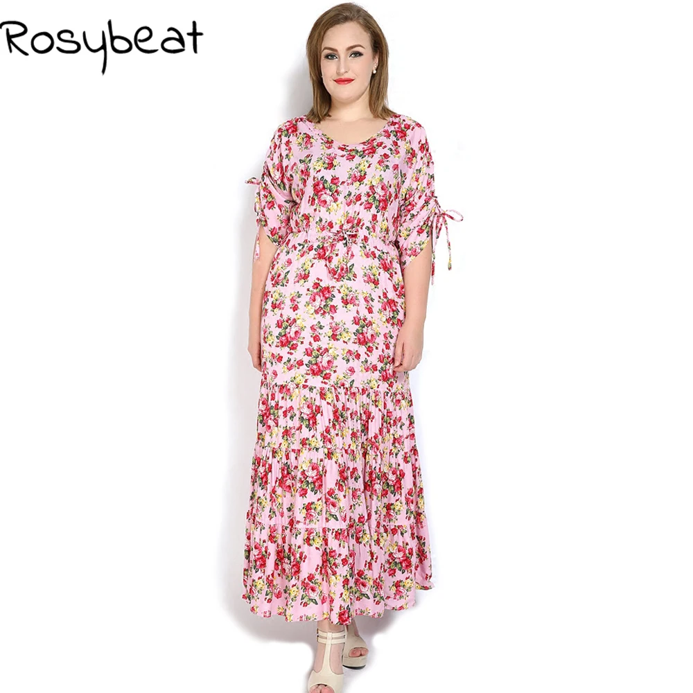 Rosybeat цветочный принт платья для женщин с длинным рукавом Макси длинное платье 4xl
