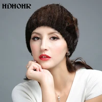 hdhohr 2020 new fur hat winter women genuine mink fur hat flowers decorate knitted beanies fashion women fur caps