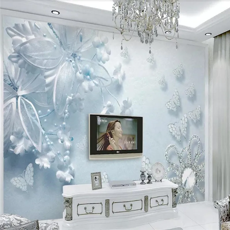 

Custom wallpaper pure beautiful blue transparent flowers butterfly 3d TV background wall decorative painting waterproof material