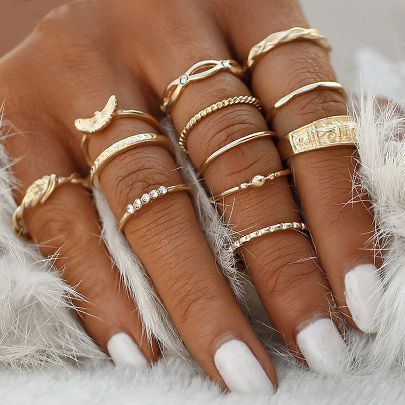 12PCS/Set Fashion Rings Gold Silver Color Knuckle Women Vintage Finger Charm Ring Party Jewelry Eagle Winding Carved | Украшения и