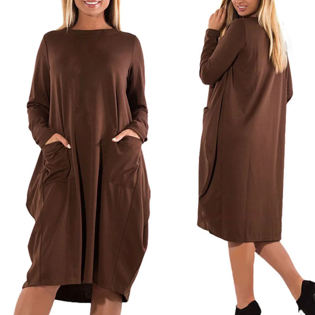 

Newly Autumn Winter Women Dress Long Sleeve O Neck Solid Color Pockets Lady Loose Casual Dresses Plus Size L-6XL m99