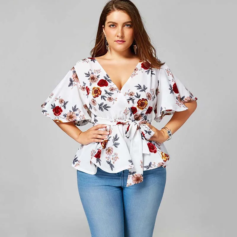 PlusMiss плюс размеры 5XL Цветочный Принт поясом баски Блузка для женщин Лето V