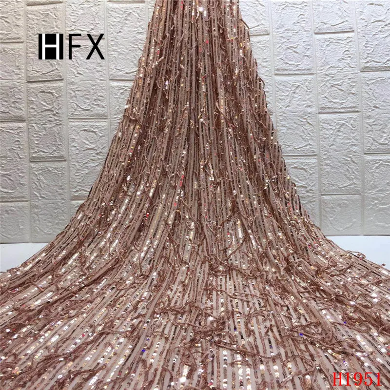 HFX Latest African Laces 2019 Sequin Embroidered Mesh Lace Fabric Champagne Gold French Tulle Wedding Dress X1951 | Дом и сад