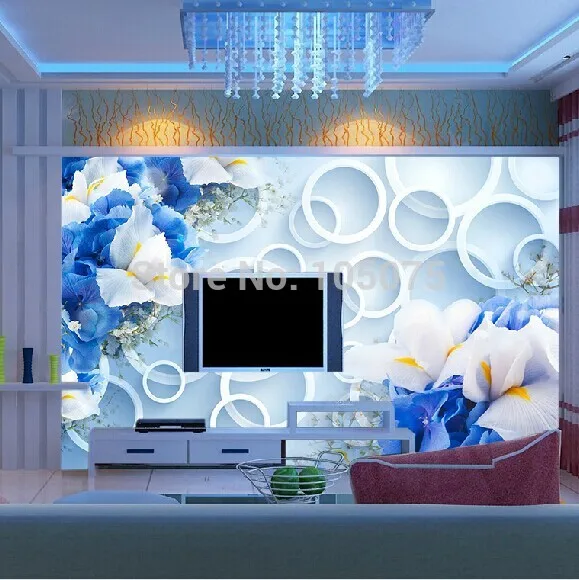 Оптовая продажа 3d настенная фоновая ткань обои с изображением фрески синие цветы
