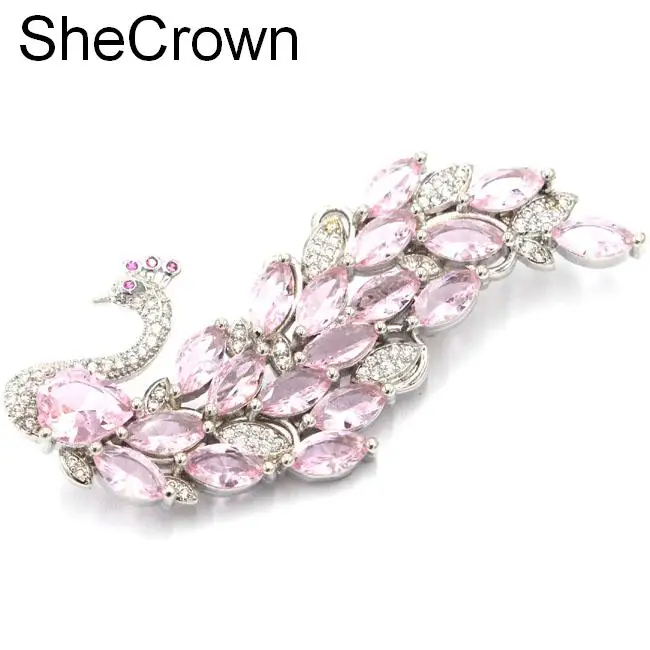 Большой розовый кунцит Феникс турмалин CZ SheCrown Подарочная серебряная брошь 61x26 мм