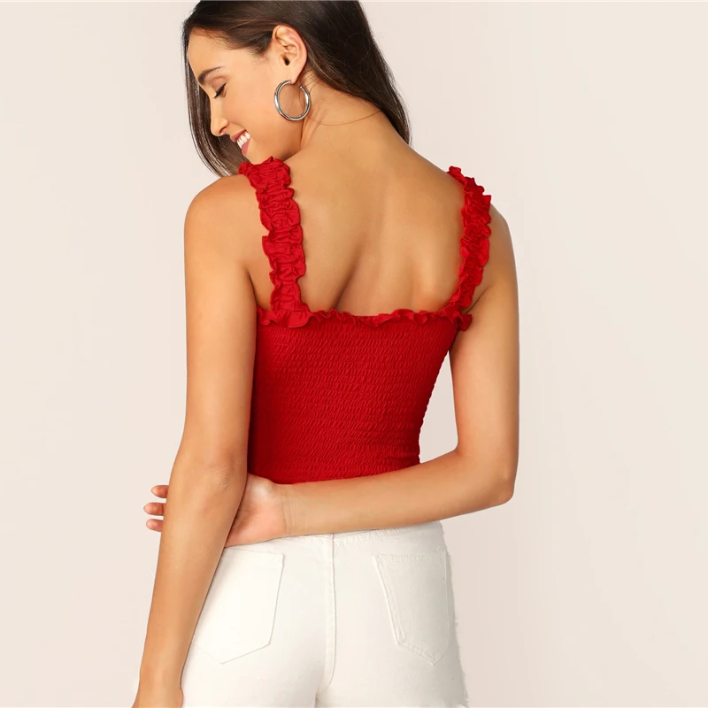 SHEIN модный короткий топ с оборкой, женская одежда, Boho эластичные топы, облегающие топы белого и красного цвета, летние топы