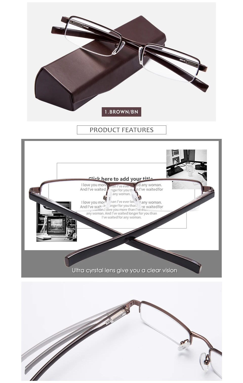 EYEGUARD половинчатая металлическая рама мини размер объектив очки для чтения унисекс с жестким чехлом коричневый