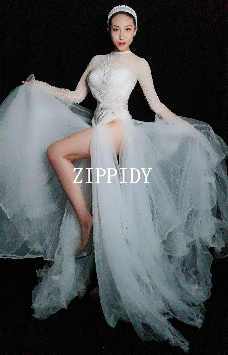 2019 White Rhinestones Mesh Bodysuit Nightclub Stage Female Singer Costume Women's Birthday Outfit Bar Dance See Through Outfit