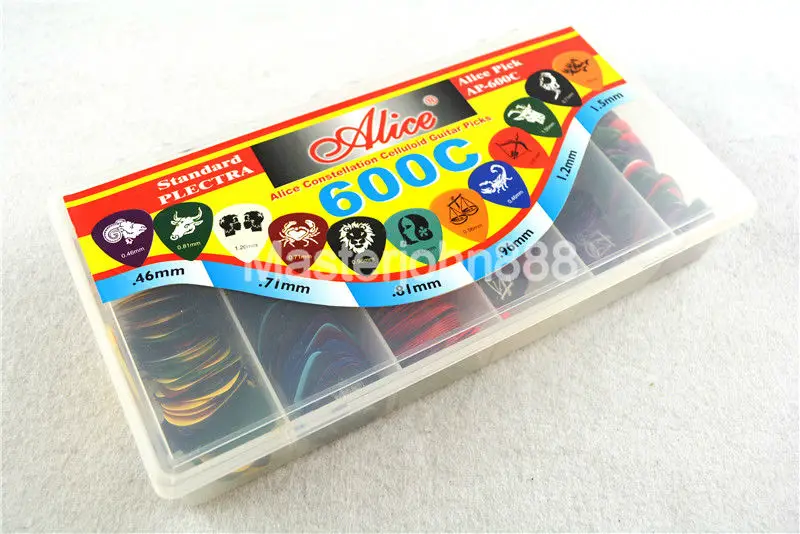 Lots of 600pcs Alice Twelve Constellations Celluloid Electric/Acoustic Guitar Picks 6 Thickness Assorted Plastic Box