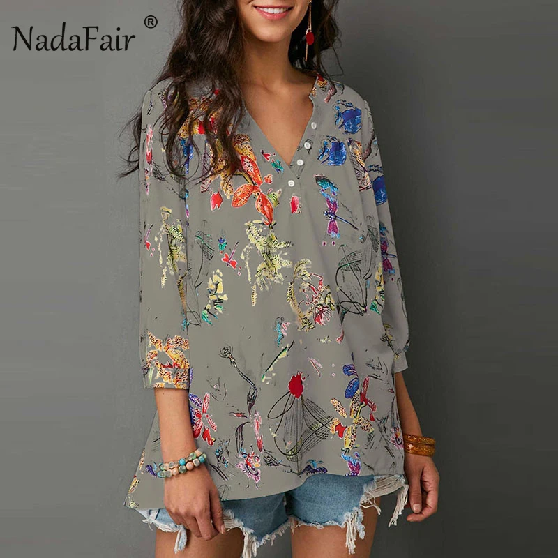 Nadafair Chinese Style Loose Print Three Quarter Blouses Women 2018 Autumn Fashion Casual Holiday Sexy V Neck Button Tops |
