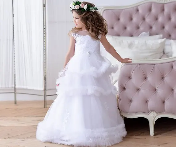 

Vestido De Daminha Cloud White Flower Girl Dress Toddler Tulle Lace Layered Baby Girls Birthday Dress Ball Gown Communion Dress