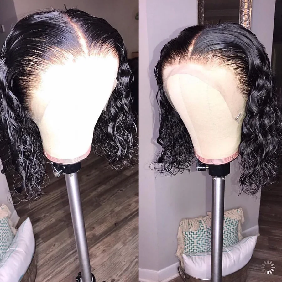 Remy Lace Front Human Hair Wigs BOB Curly 150% Density Malaysian Short Cut Natural Color | Шиньоны и парики