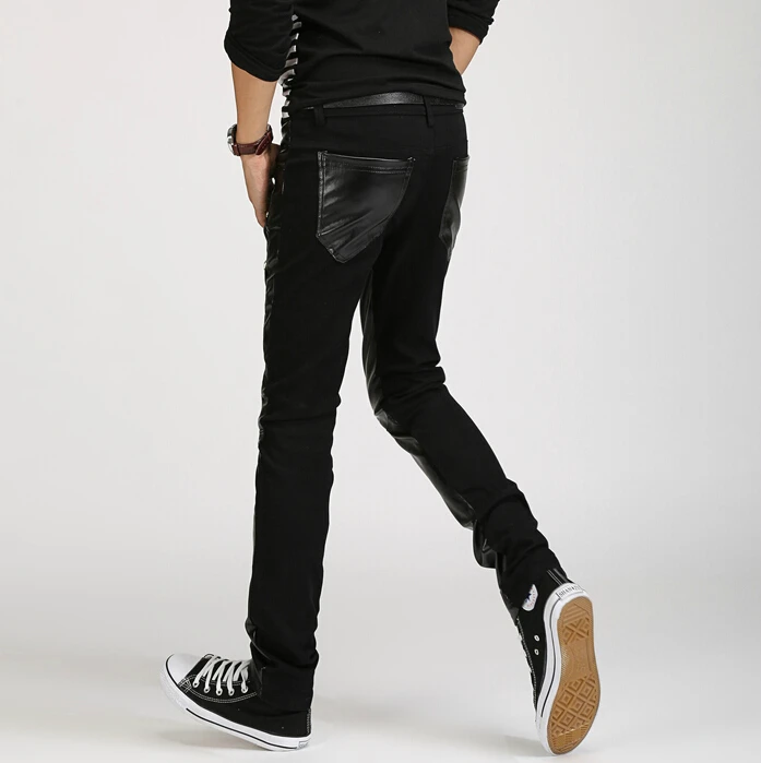 28-33 ! 2016 Korean men's locomotive stitching leather pants Slim tide male adolescent casual trousers stage costumes | Мужская