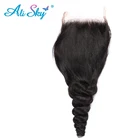 Alisky бразильское кружево Фронтальная застежка свободная волнистая застежка 4x4 застежка предварительно выщипанные с ребенком волосы натуральные человеческие волосы кружевная застежка