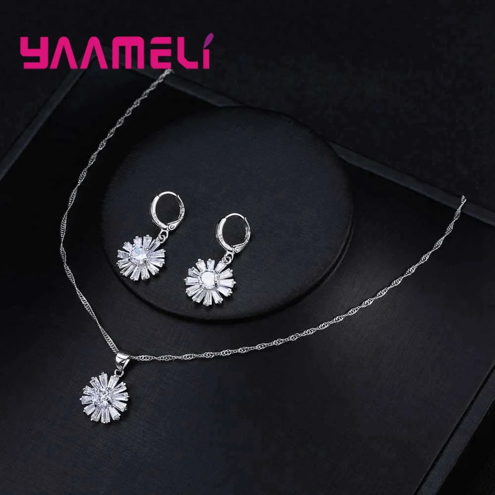 

Sparkling Sunflowers Cubic Zircons 925 Sterling Silver Jewelry Sets For Women Girls Necklace Earring Engagement Bridal