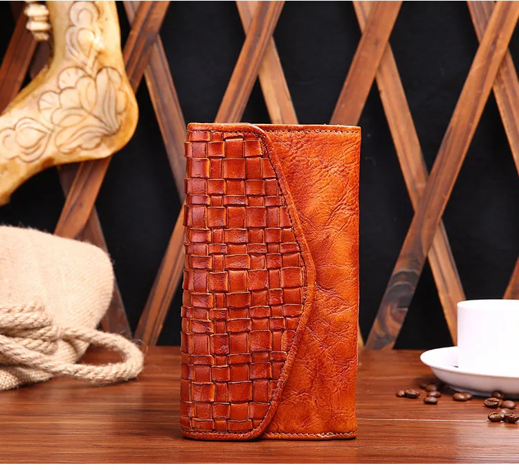 Женский вязаный винтажный кошелек-клатч ручной работы с карманом для сотового телефона из натуральной кожи в стиле ретро