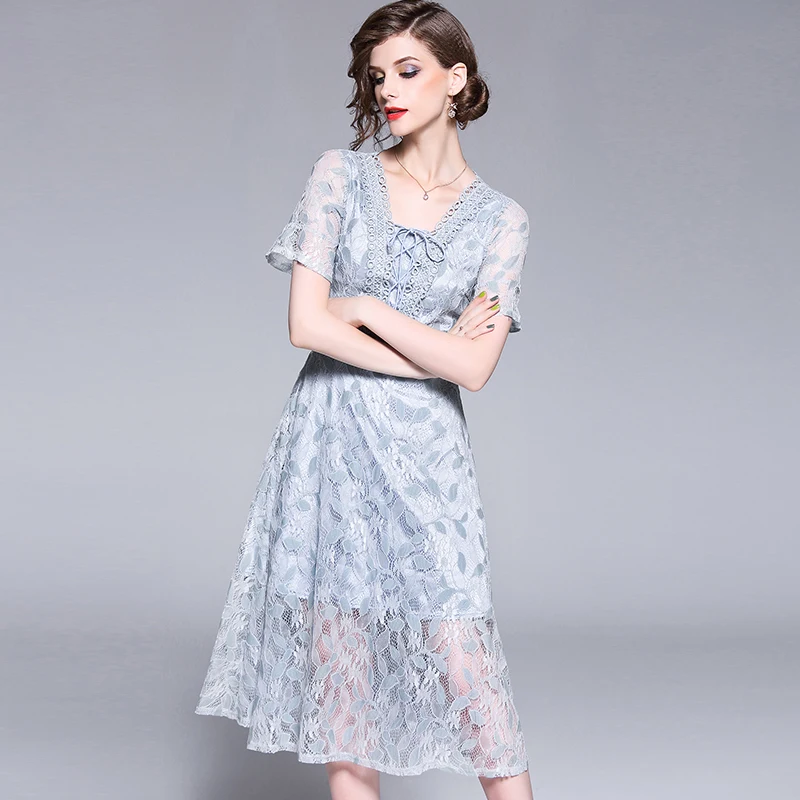 2018 летнее повседневное кружевное женское платье с вырезом и v образным