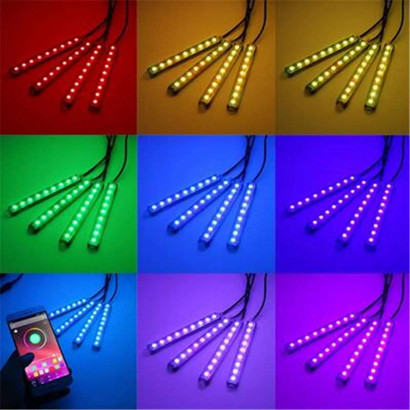 

4x 9LED RGB Car Interior Decorative Floor Atmosphere Lamp Light Strip Smart Intelligent Wireless Phone APP Control Voice Control
