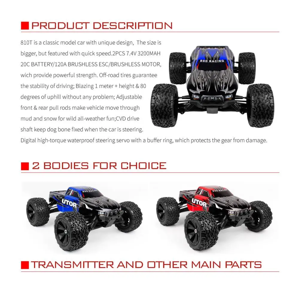 BSD гоночный BS810T 1/8 2,4 г 4WD 70 км/ч 4S бесщеточный ру автомобиль электрический внедорожный грузовик RTR Модель автомобиля игрушки против CR-218R/503 T/709 T