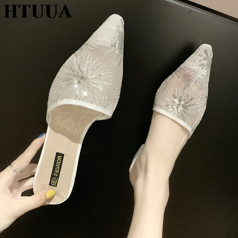 HTUUA/2019 вышитые шлепанцы с дышащей сеткой женские острым носком на маленьком