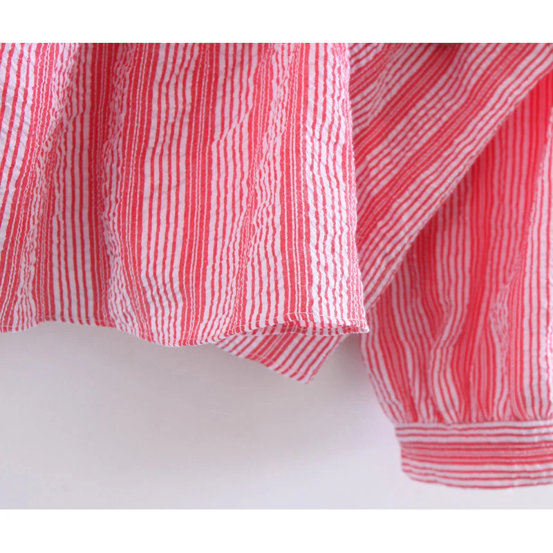 PERHAPS U women o neck red white striped lantern sleeve three quarter button high street loose blouse shirt B0049 |