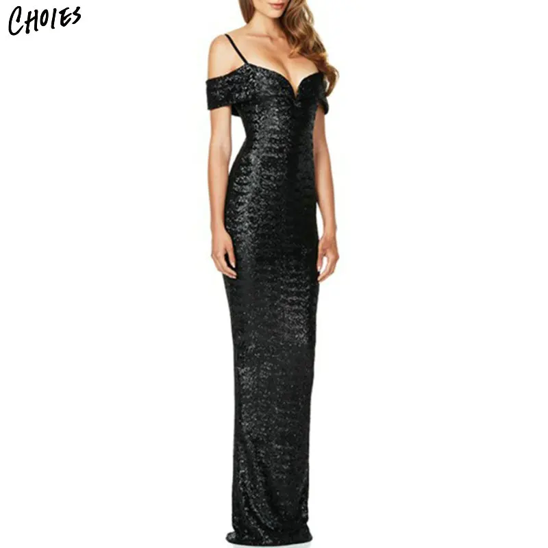 Сексуальное платье с v-образным вырезом черное открытыми плечами на тонких