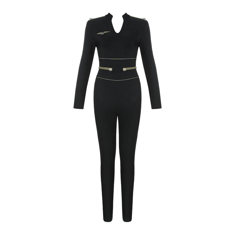 free shipping New Spring Runway Bandage Jumpsuit for Women 2019 Rompers Elegant V Neck Long Sleeve Black Club | Женская одежда