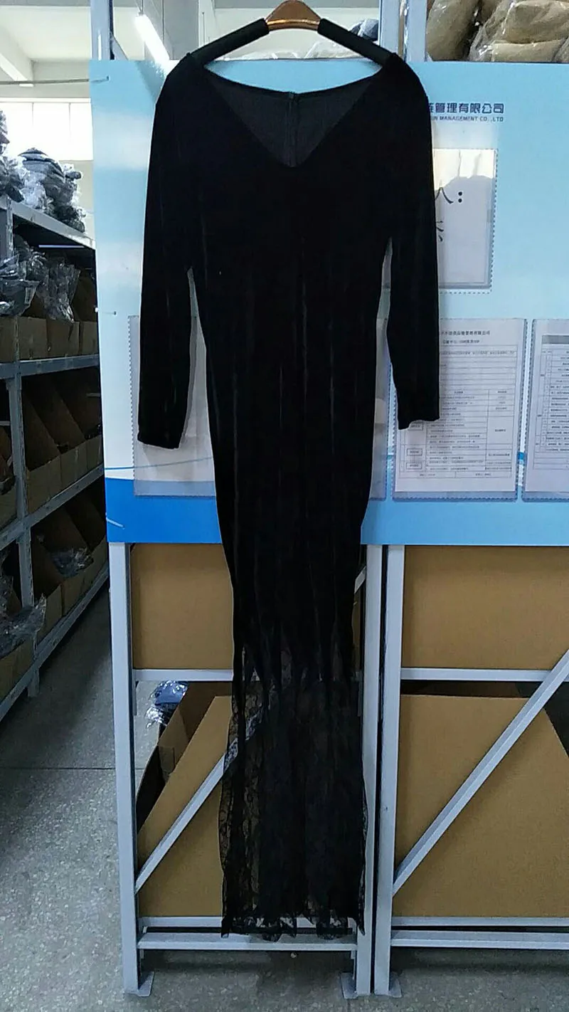 Для взрослых женщин Готический Хэллоуин Morticia Addams призрак ведьмы костюм ужас черный пол кружевное платье халат одежда для женщин