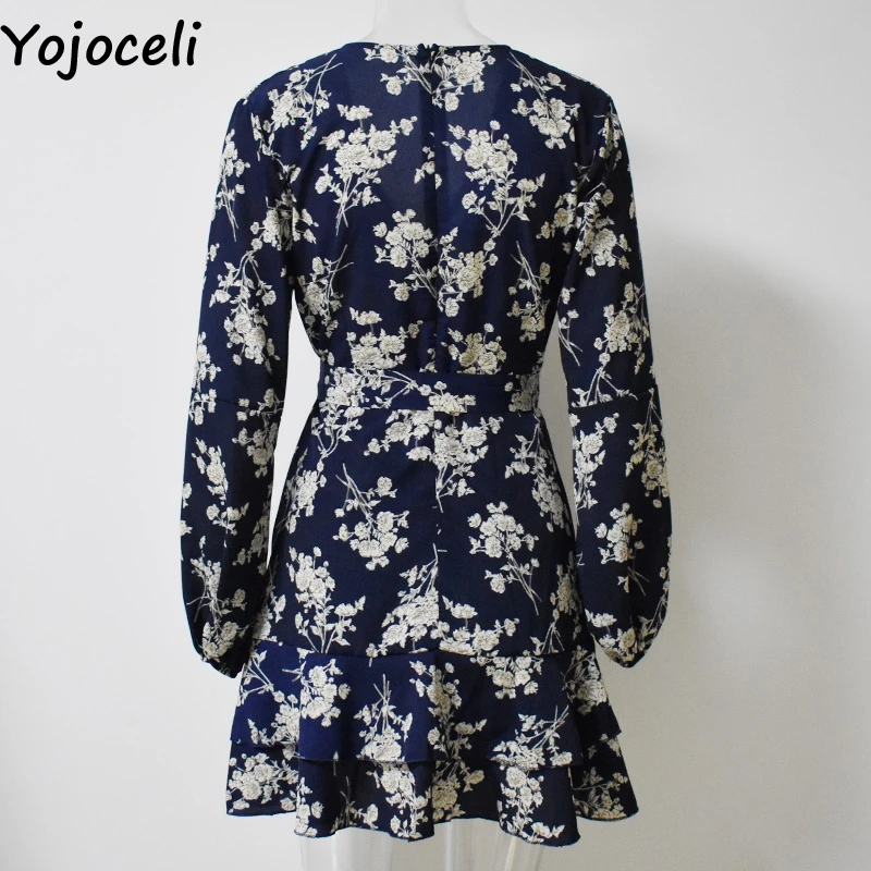 Yojoceli, короткое платье с цветочным принтом и рюшами, женское осеннее шифоновое платье для вечеринки, женские платья, зимние пикантные элегантные платья с запахом