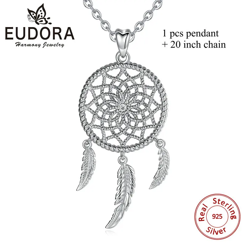 with 20 inch chain Ожерелье-Ловец снов из стерлингового серебра EUDORA с прозрачным фианитом и 3 перьями boho ювелирные изделия «Ловец снов» Для женщин D422 - Окраска металла: with 20 inch chain