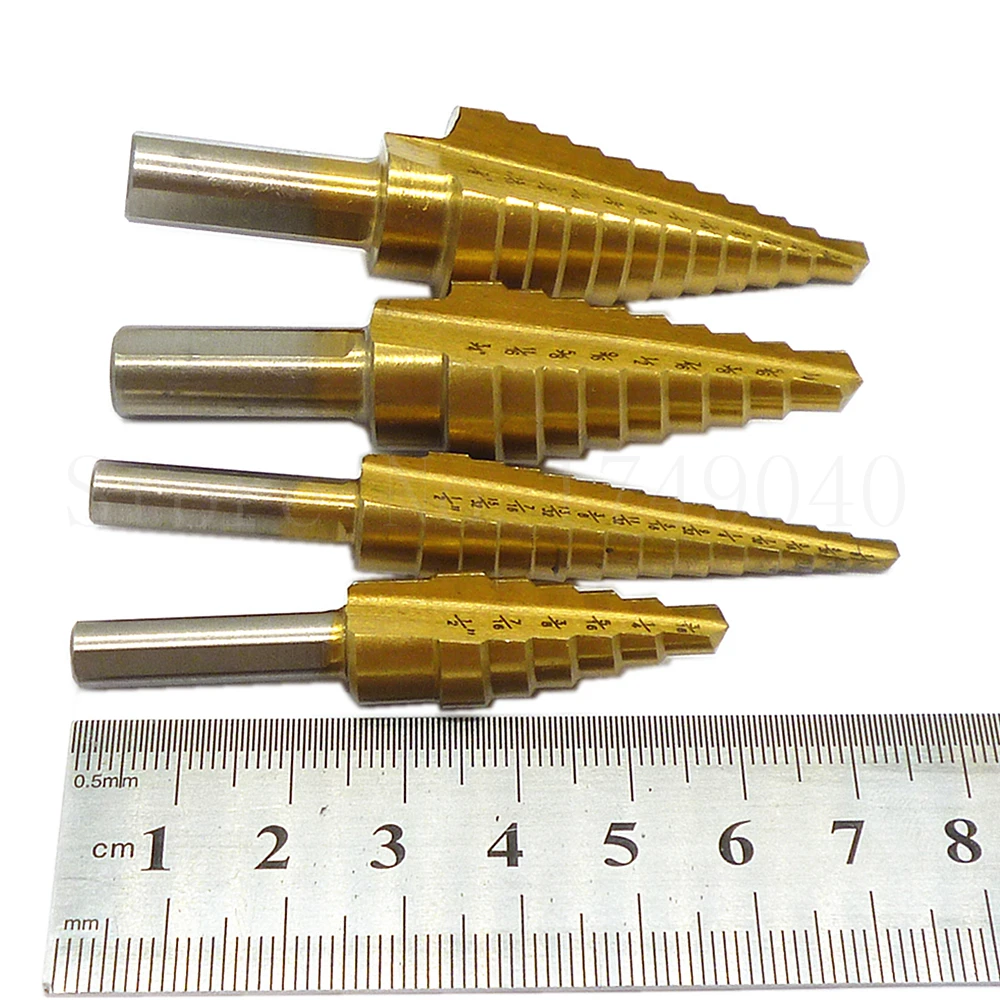 4pcs Large Titanium HSS Step Cone Drill Bit Set 3/16-1/2&quot 1/8-1/2&quot 1/4-3/4&quot 3/16-7/8&quot Wood Metal Plastic Drilling Hole |