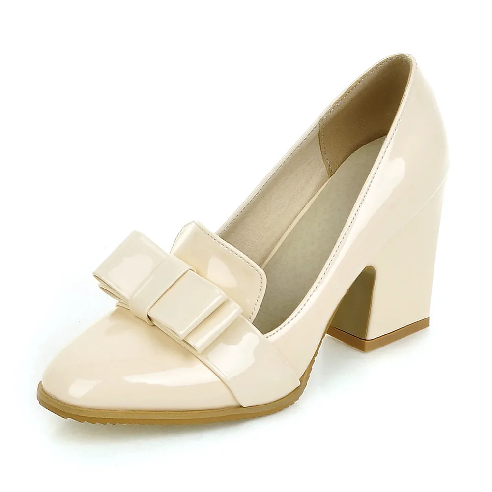 beige white Fanyuan/фирменный дизайн; однотонные туфли из лакированной искусственной кожи на высоком квадратном каблуке с бантом; женские повседневные офисные туфли-лодочки; сезон весна-осень; большие размеры 33-43 - Цвет: beige white