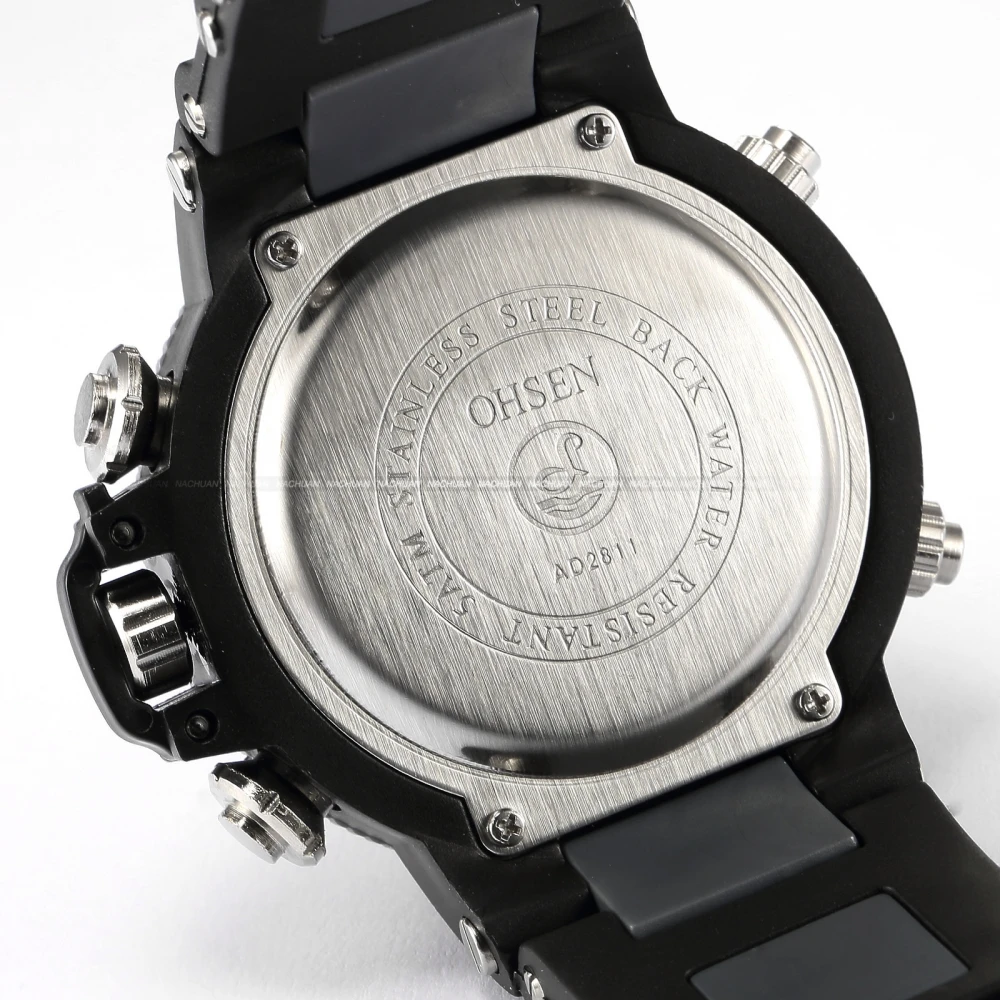 OHSEN Черный Dual Time ЖК-дисплей сигнализации Дата День 5atm Водонепроницаемый