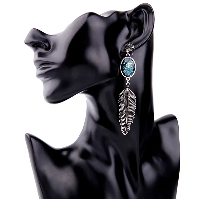 Nihaojewelry Retro Natural Stone Feather Pendant Earrings Gold Silver Color Alloy Fashion Jewelry for Woman |