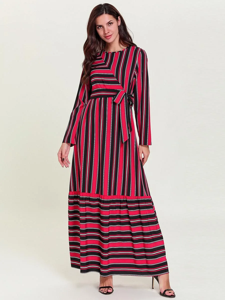 Бандажные женские мусульманские платья abaya Femme Дубай Турецкая индейка Бангладеш нарядное платье в арабском стиле Красный Полосатый Восточный халат из марокена Исламская одежда