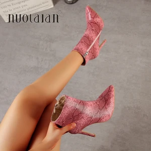 Женские ботильоны на высоком каблуке, обувь с острым носком, модные праздничные ботинки, привлекательная женская обувь со змеиным принтом, осень 2019