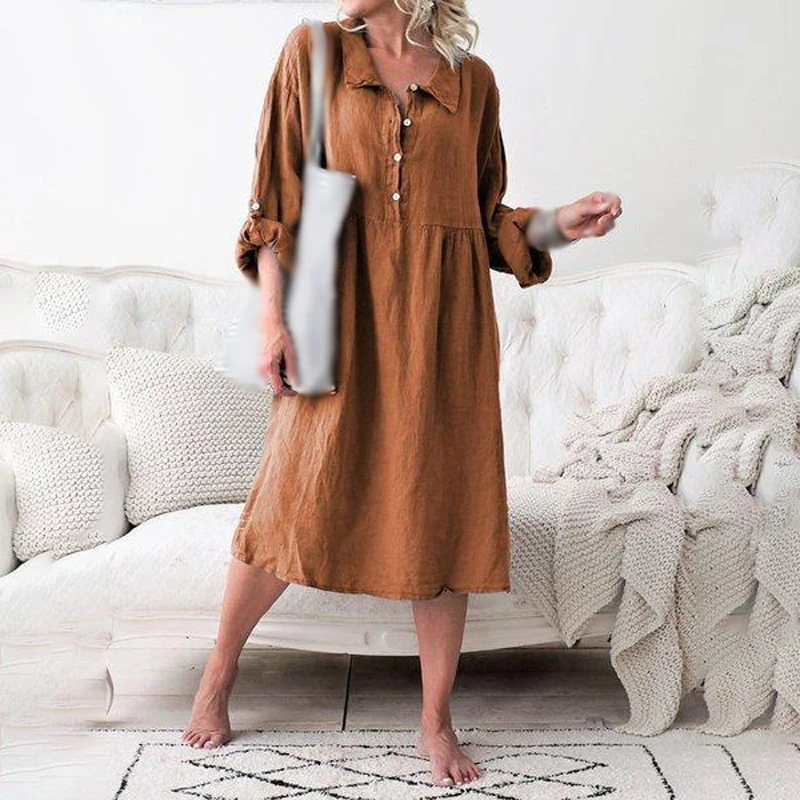 Платья летние женские пуговицы повседневные с отворотом длинным рукавом