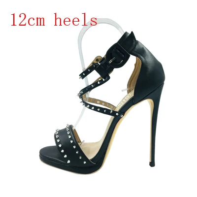 Black matte 12cm Г., весенние женские сандалии на платформе 1 см с перекрестными завязками и шипами женские сандалии с заклепками на тонком высоком каблуке с пряжкой на лодыжке, женские босоножки Обувь - Цвет: Black matte 12cm