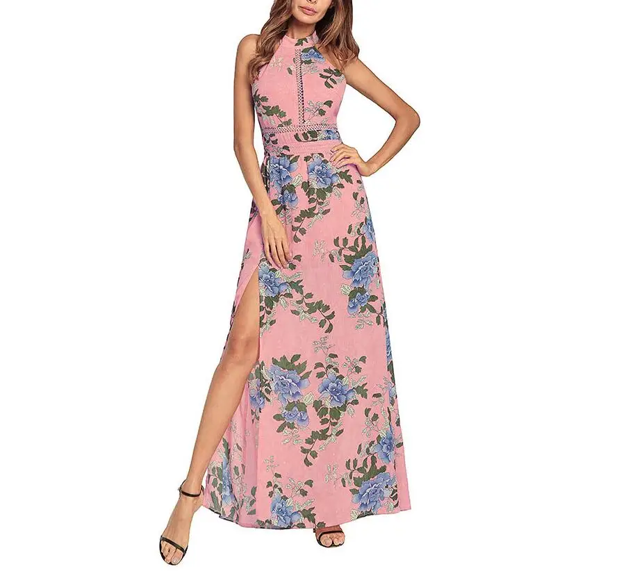 2018 Для женщин Цветочный принт шифоновое длинное платье с разрезом низким вырезом