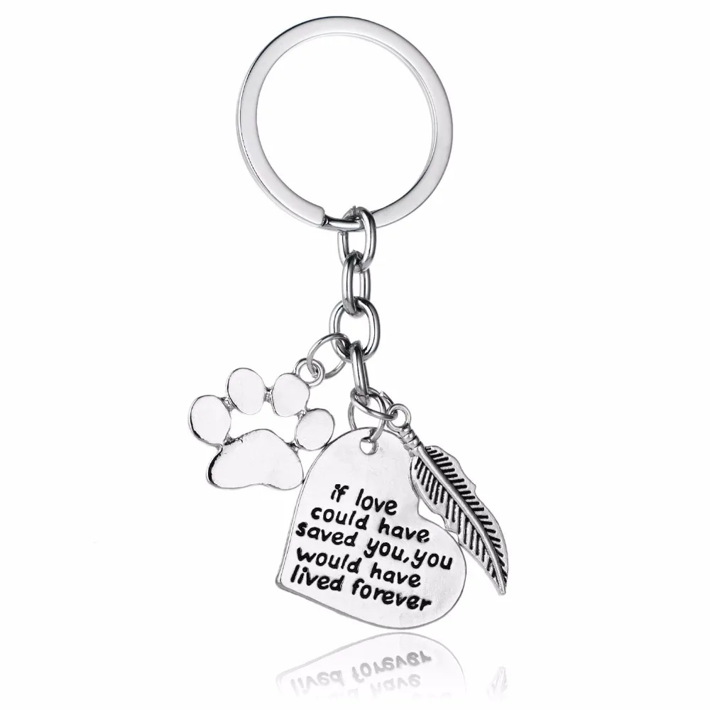 12PC/Lot If Love Could Have Saved You Heart Keychains Dog Pet Paws Keyfob Feather Keyrings Key Chains Rings Animals Lover Gifts