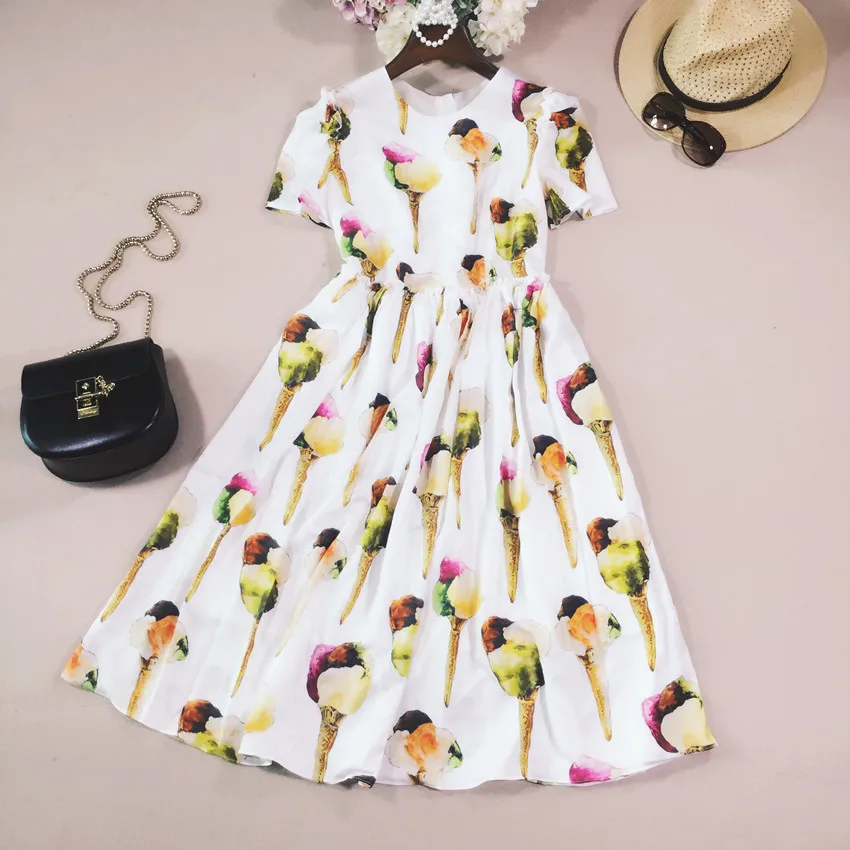 Женское платье с принтом мороженого повседневное белое Плиссированное Платье До