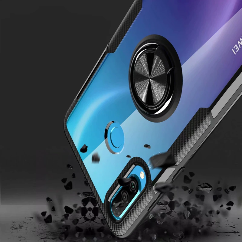 Чехол для huawei P30 Lite, Роскошный прозрачный чехол из поликарбоната+ углеродного волокна, кольцо с полной защитой, чехол для huawei P30, чехол