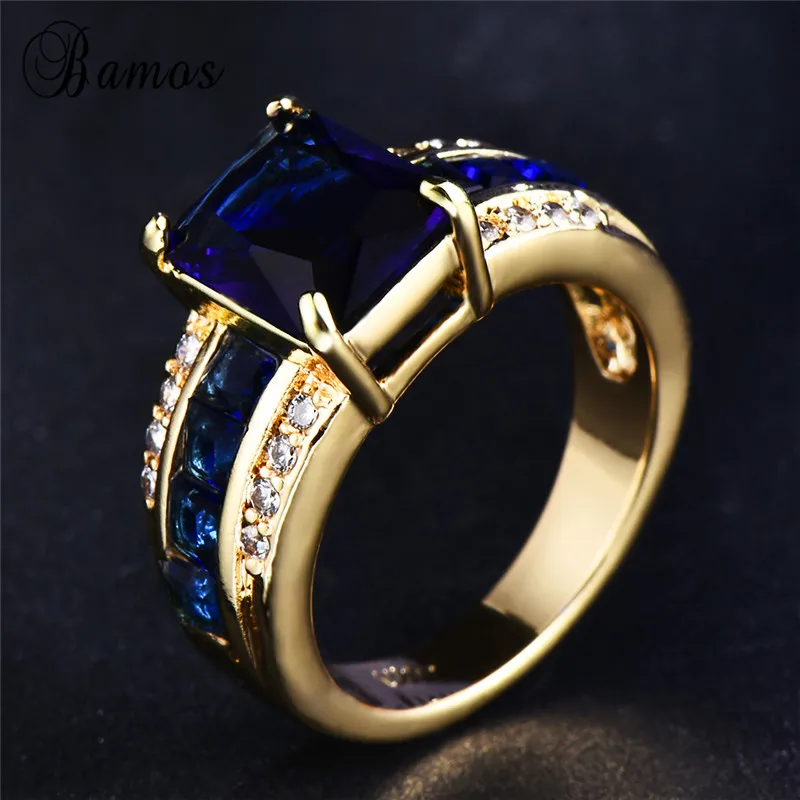 Bamos Модный Круглый перстень с камнем Винтажное кольцо голубым цирконом желтое