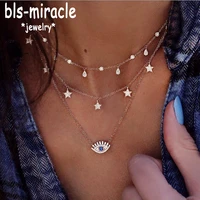 bls miracle multilayer necklace for women long chain turkish eye pendant necklaces trendy crystal star water droplets necklaces