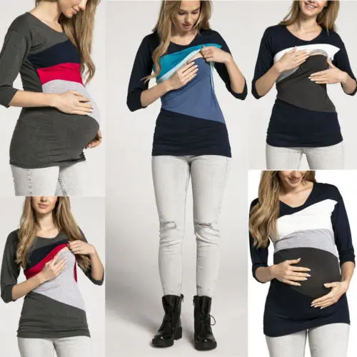 Pudcoco New Spring Autumn Women Nurcing T Shirt Pregnant Maternity Nursing Splice Top Breastfeed Long Sleeve Pregnancy Clothes | Мать и