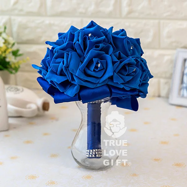 Dark blue Дизайн романтические розы цветы Пена лента кристалл букет Искусственные цветы для свадьбы свадебные букеты подружки невесты украшения - Цвет: Dark blue