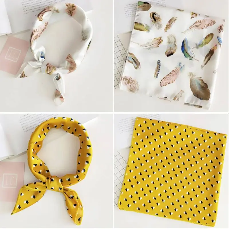 

48x48CM Women Satin Jacquard Square Neck Scarf Vintage Polka Dot Feather Colored Bandana Ladies Handkerchief Headwrap 25 Colors