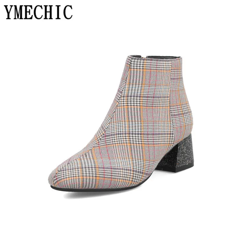 Женские ботильоны в клетку YMECHIC модные ботинки на квадратном каблуке средней