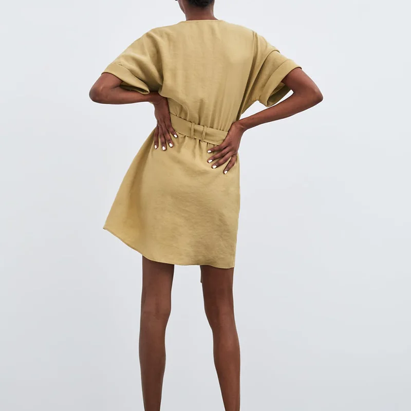 Чудо Летнее мини платье с коротким рукавом винтажные пояса женское сексуальное v