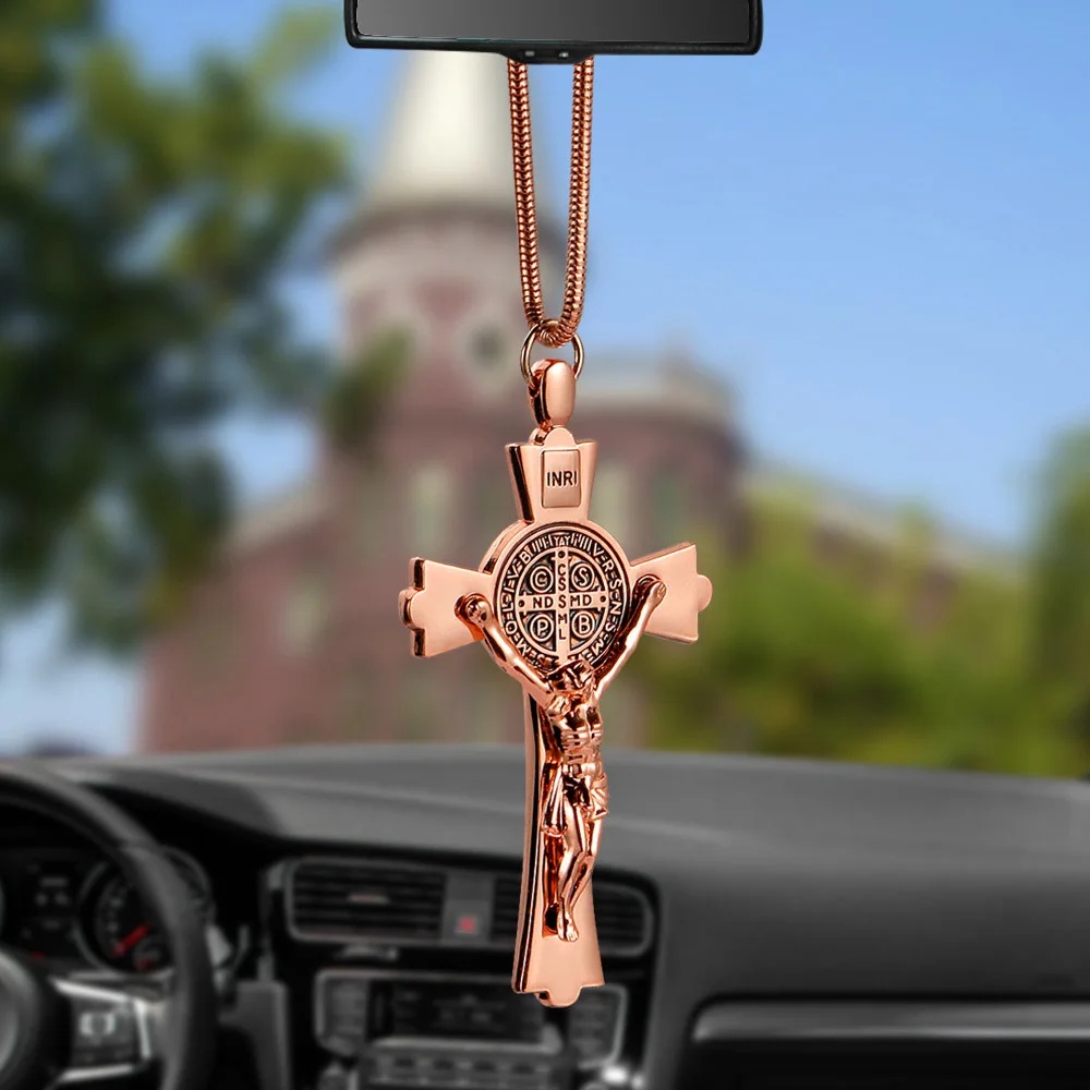 Rose Gold Подвеска в автомобиль, цинковый сплав, Крест Иисуса, христианская религия, Распятие Иисуса, статуэтка, подвесное украшение для автомобиля, зеркало заднего вида - Название цвета: Rose Gold